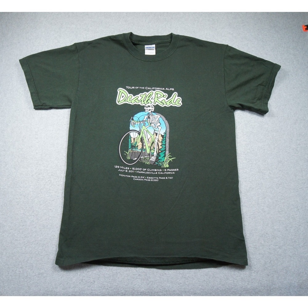 Death Ride Shirt Mens Medium Green Cycling California Alps 2011 Skeleton Graphic